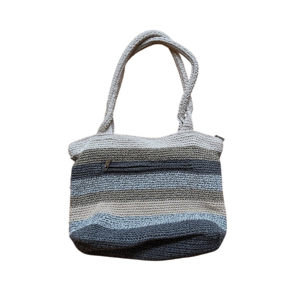 The Sak Tote Shoulder Bag Womens Large Striped Neutral Gray Tan Zip Top crochet